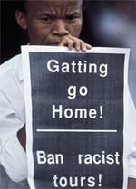 A fan protests during the rebel match between South Africa Universities and England XI Photograph by Getty Images. 