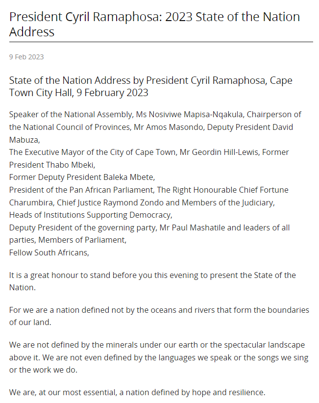 2023 - President Ramaphosa, State of the Nation Address, 9 February 2023