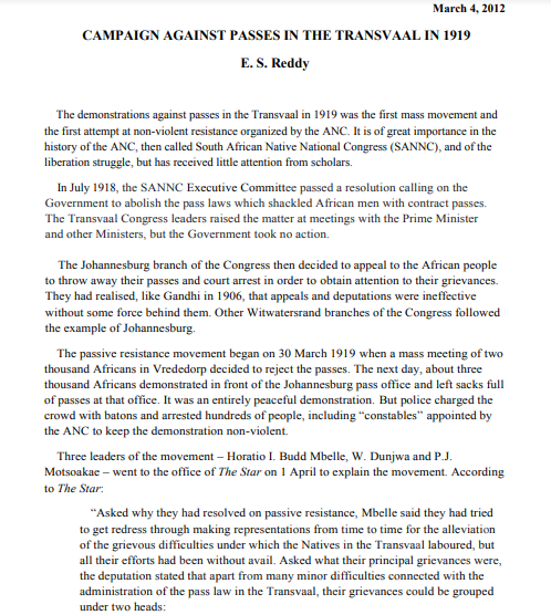 Campaign against Passes in the Transvaal in 1919 by E. S. Reddy, 04 March 2012