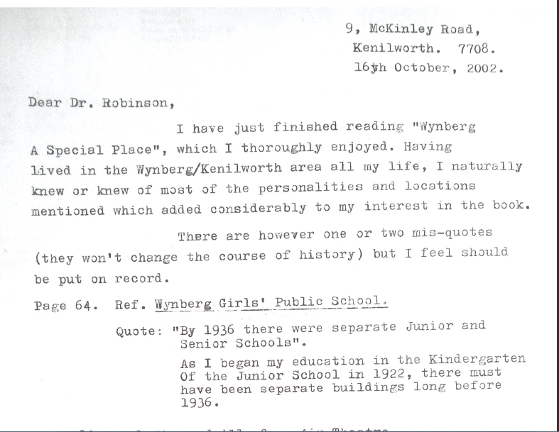 Letter from Mrs Thompson of Athlone Committee, 16 October 2002