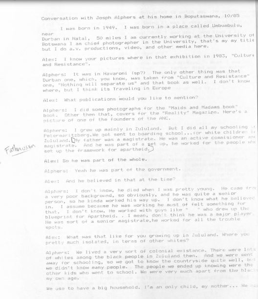 Conversation with Joseph Alphers, Bophuthatswana, October 1985