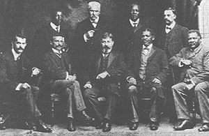 The South African Native and coloured people's delegates in London, 1909. Front row from left to right: Mr Maji J Fredericks, Dr A Abdurahman, hon W. P. Schreiner , Rev. Dr W.E. Rubusana and Mr Tengo Jabavu, Back row from left to right: Mr D. J. Lenders, Mr D Dwanya and J Gerrans