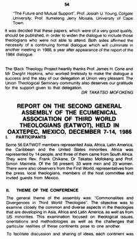 Report on the second general assembly of the ecumenical association of third world theologians (EATWOT), held in Oaxtepec, Mexico, December 7-14, 1986
