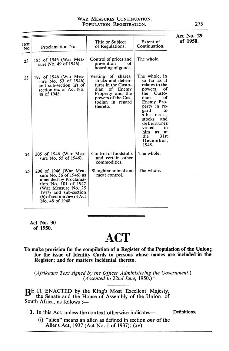 Population Registration Act, Act No 30 of 1950