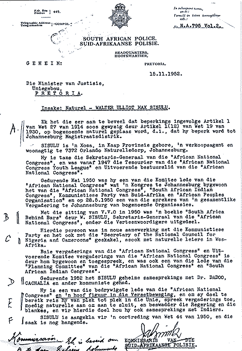 A visual archive of letters from South African Police to Walter sisulu