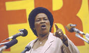 Albertina Sisulu addresses a major anti-apartheid rally in London.