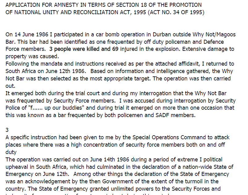 Application for Amnesty in terms of Section 18 of the Promotion of national Security and Reconciliation Act,1995 (Act No. 34 of 1995)