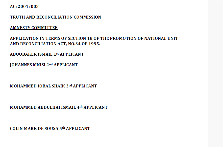 Application for amnesty AC/2001/003, A Ismail, Mnisi, Shaik, M Ismail, de Sousa, Moisi, Thobela, 16 January 2001
