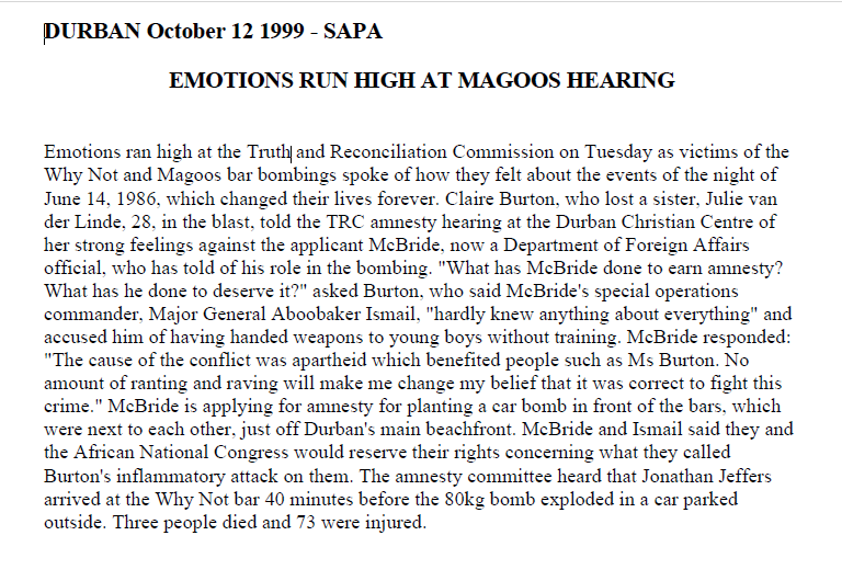 Emotions run high at Magoos hearing, SAPA, 12 October 1999