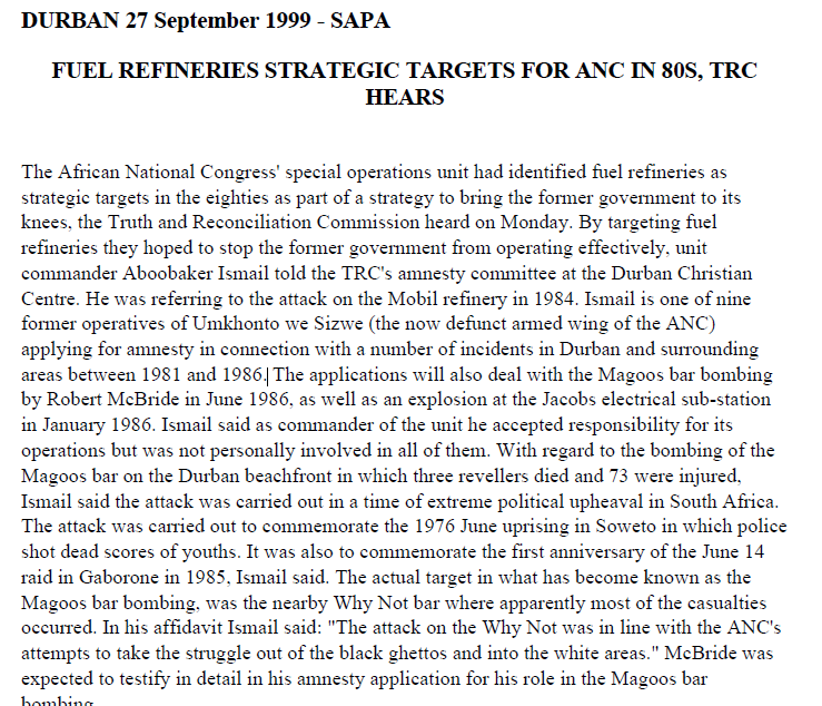 Fuel refineries strategic targets for ANC in 80s, TRC hears, SAPA, 27 September 1999