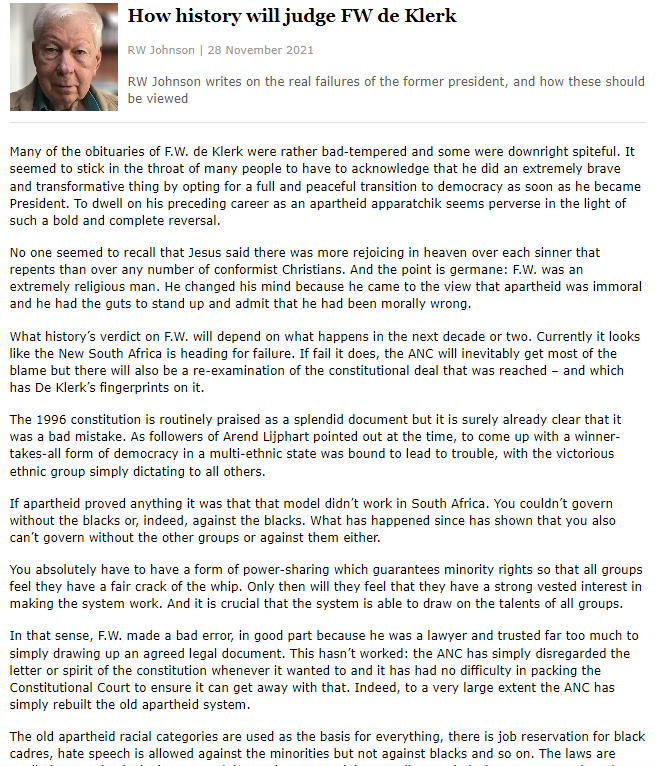 How history will judge FW de Klerk by RW Johnson, politicsweb (28 November 2021)