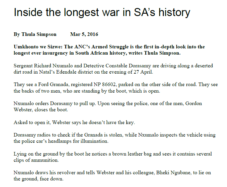 Inside the longest war in SA’s history, by Thula Simpson, 5 March 2016