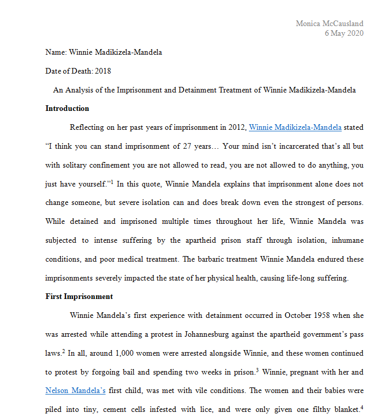 An Analysis of the Imprisonment and Detainment Treatment of Winnie Madikizela-Mandela by Monica McCausland