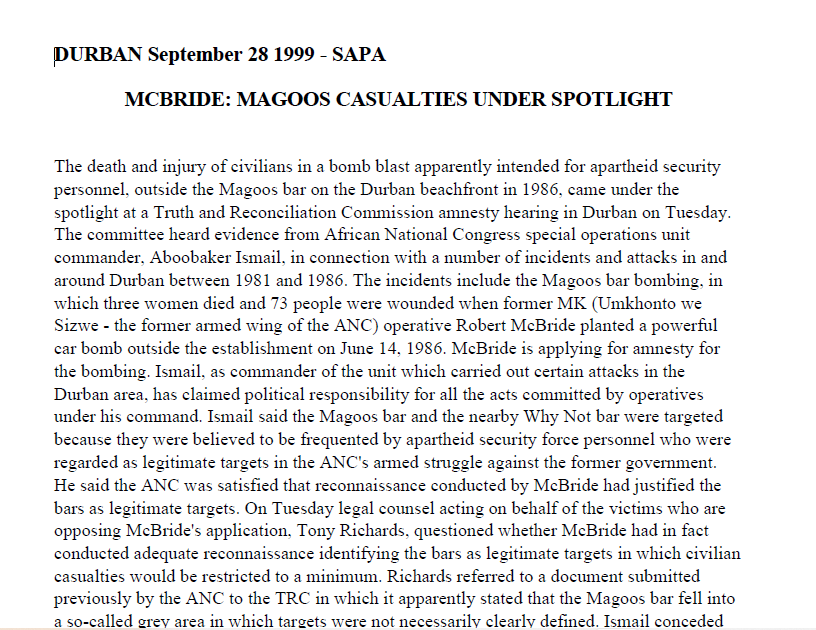 McBride: Magoos casualties under spotlight, SAPA, 28 September 1999