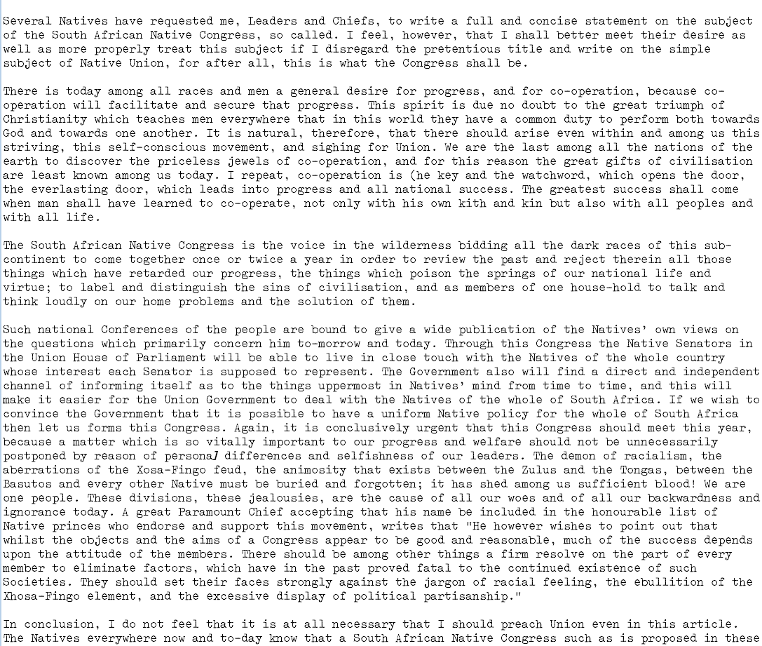 ”Native Union”. Article by Pixley ka Isaka Seme, in October 24, 1911