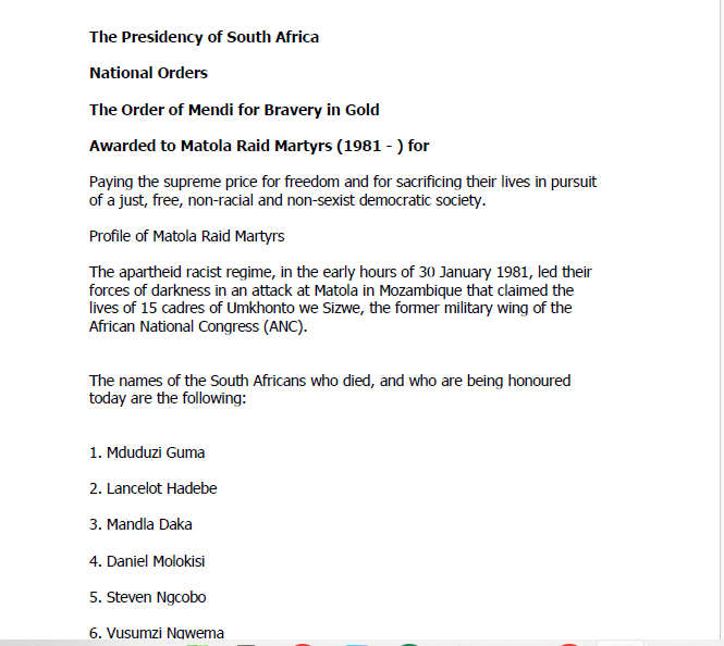 The Presidency of South Africa National Orders, the Order of Mendi for Bravery in Gold Awarded to Matola Raid Martyrs
