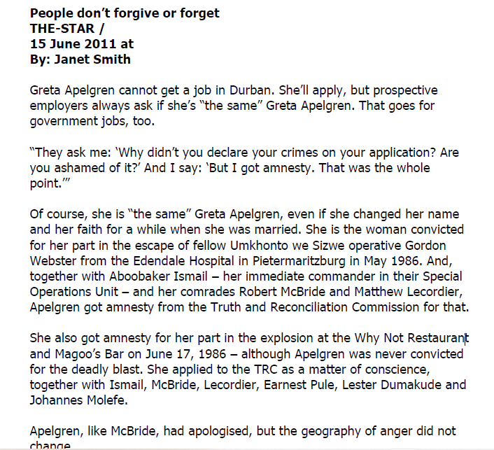 People don't forgive or forget, Janet Smith, The Star, 15 June 2011