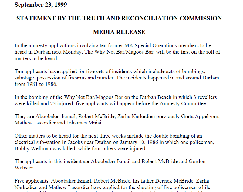 Statement by the Truth and Reconciliation Commission Media Release, 23 September 1999