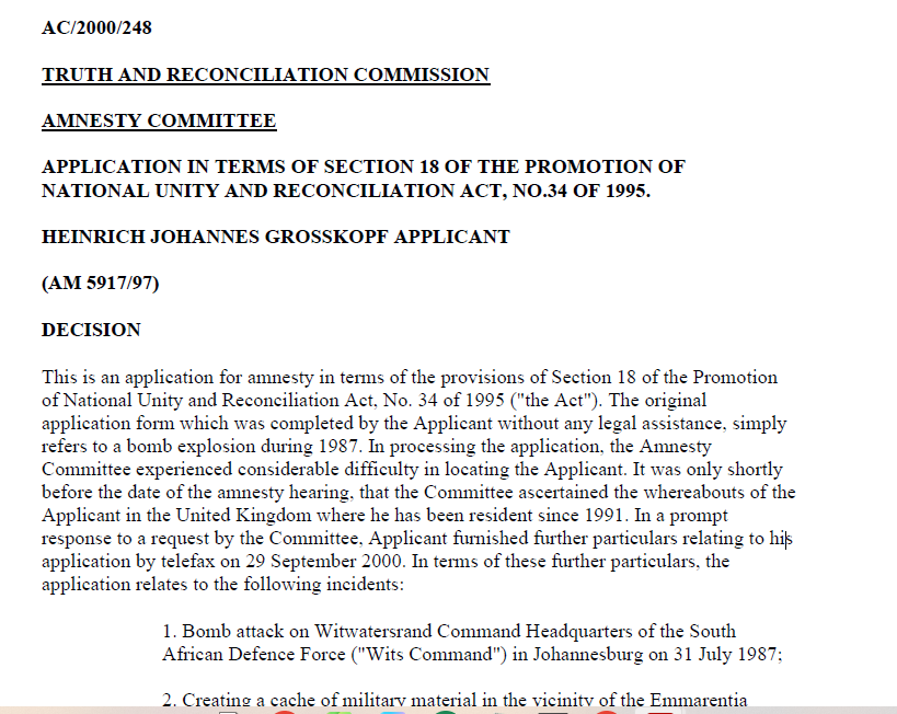 TRC Amnesty Decision, Heinrich Johannes Grosskopf, 2000