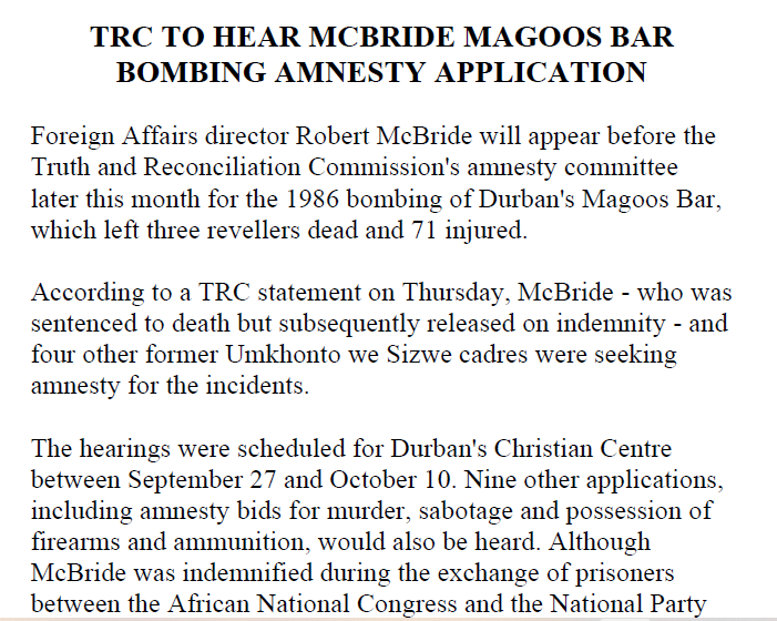 TRC to hear McBride Magoos Bar bombing amnesty application, SAPA, 16 September 1999