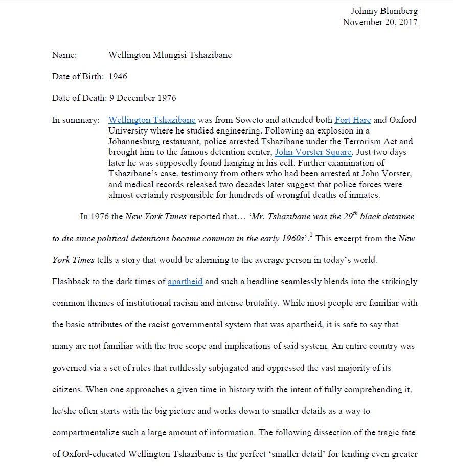 Biography of Wellington Mlungisi Tshazibane by Johnny Blumberg