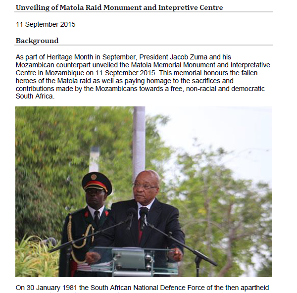 Unveiling of Matola Raid Monument and Interpretive Centre