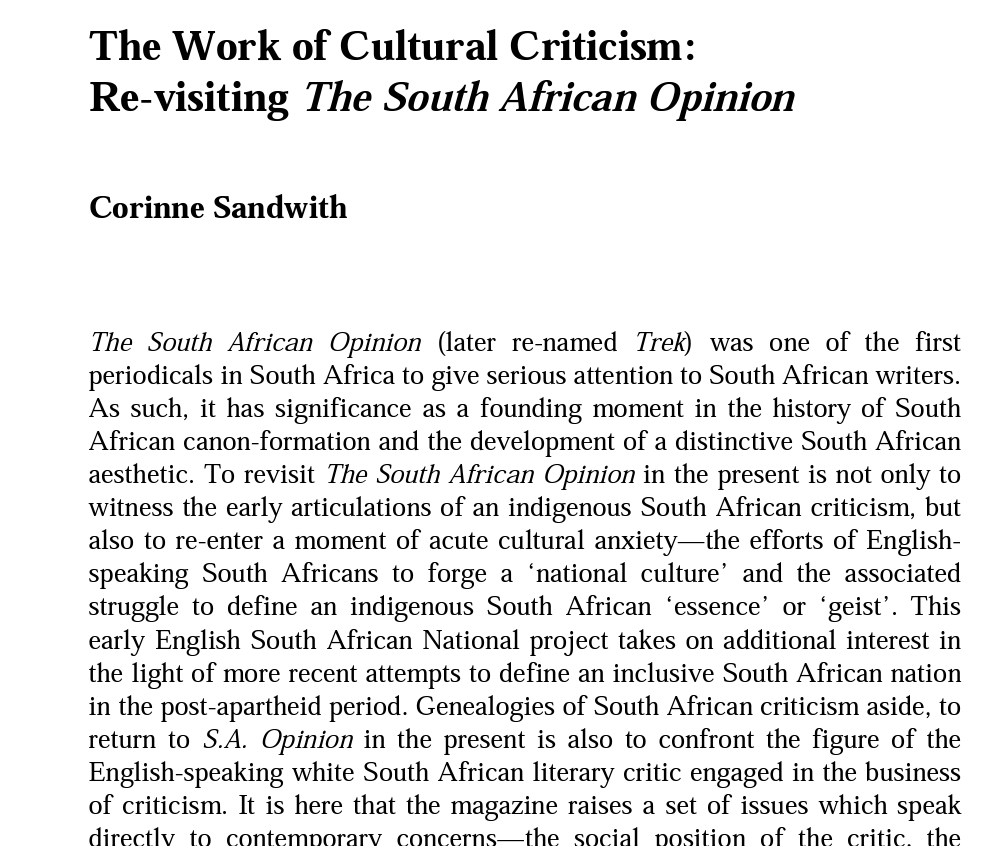 The Work of Cultural Criticism: Re-visiting The South African Opinion by Corinne Sandwith