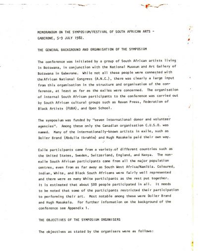 Memorandum of the Symposium/Festival of South African Arts - Gaborone, 5-9 July 1982