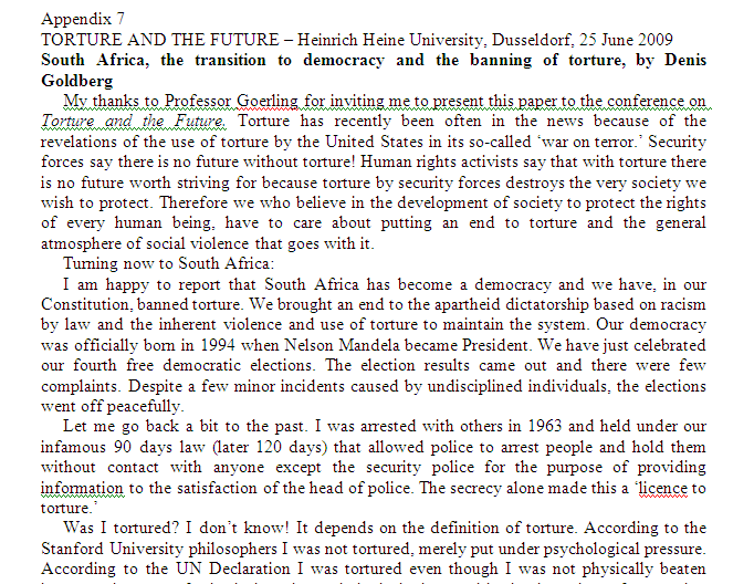 Appendix 7 South Africa, the transition to democracy and the banning of torture, by Denis Goldberg
