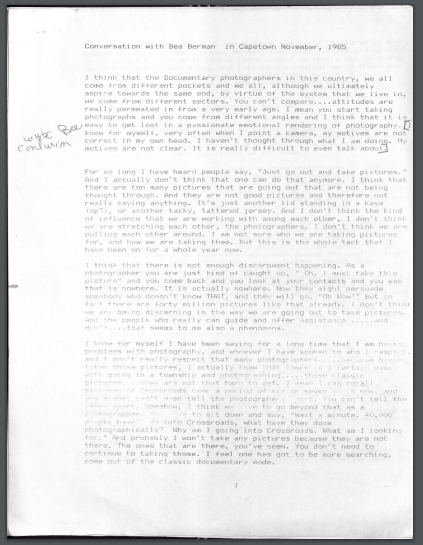 Conversation with Bea Berman, Cape Town, November 1985