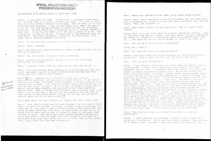 Conversation with Berney Perez, Cape Town, October 1985