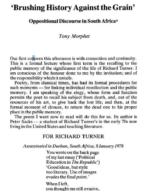 Brushing History against the Grain: Oppositional Discourse in South Africa by Tony Morphet
