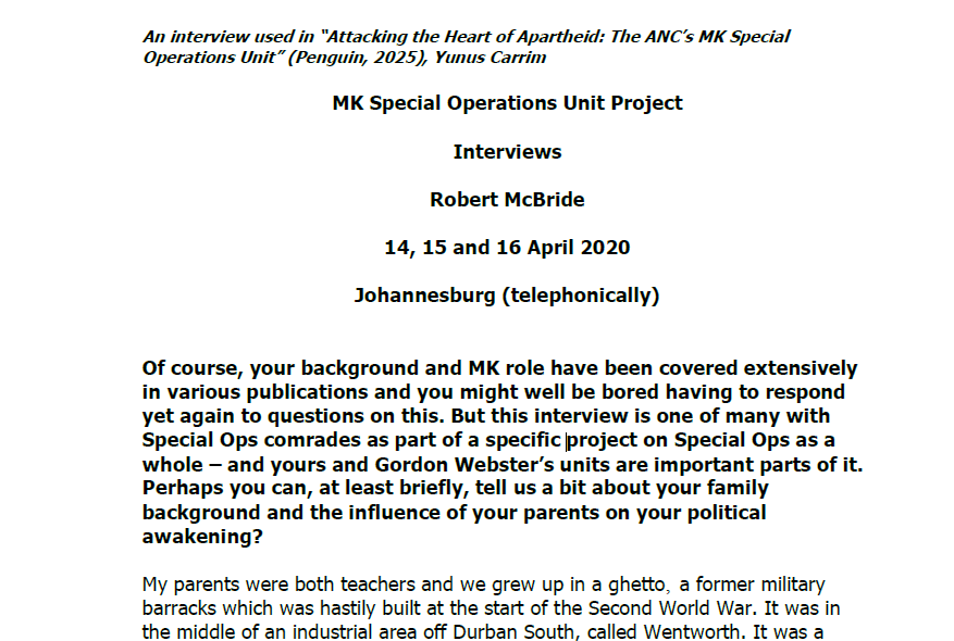 Interviews with Robert McBride, 14, 15 and 16 April 2020