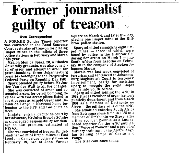 Police station operations, 1986, Former journalist guilty of treason, Cape Times, 4 November 1986