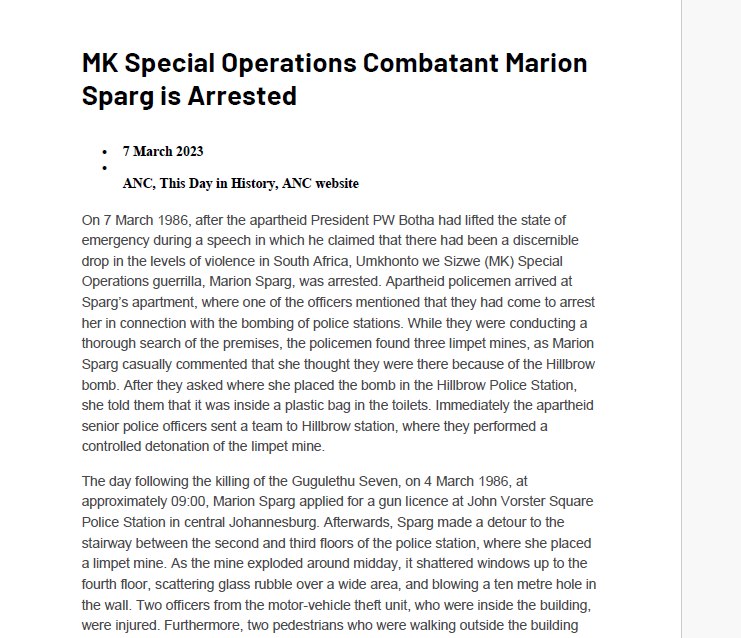 Police station operations, 1986, MK Special Operations Combatant Marion Sparg is Arrested, 7 March 2023