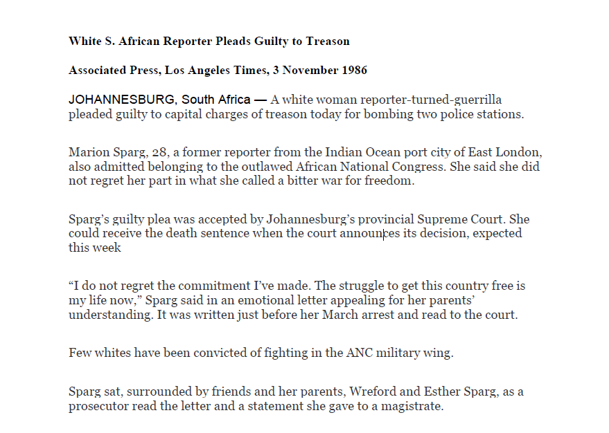 Police station operations, 1986, White S. African Reporter Pleads Guilty to Treason, Associated Press, 3 November 1986