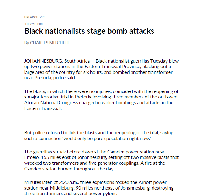 Power stations operation, Black nationalists stage bomb attacks, by Charles Mitchell, UPI Archives, 21 July 1981