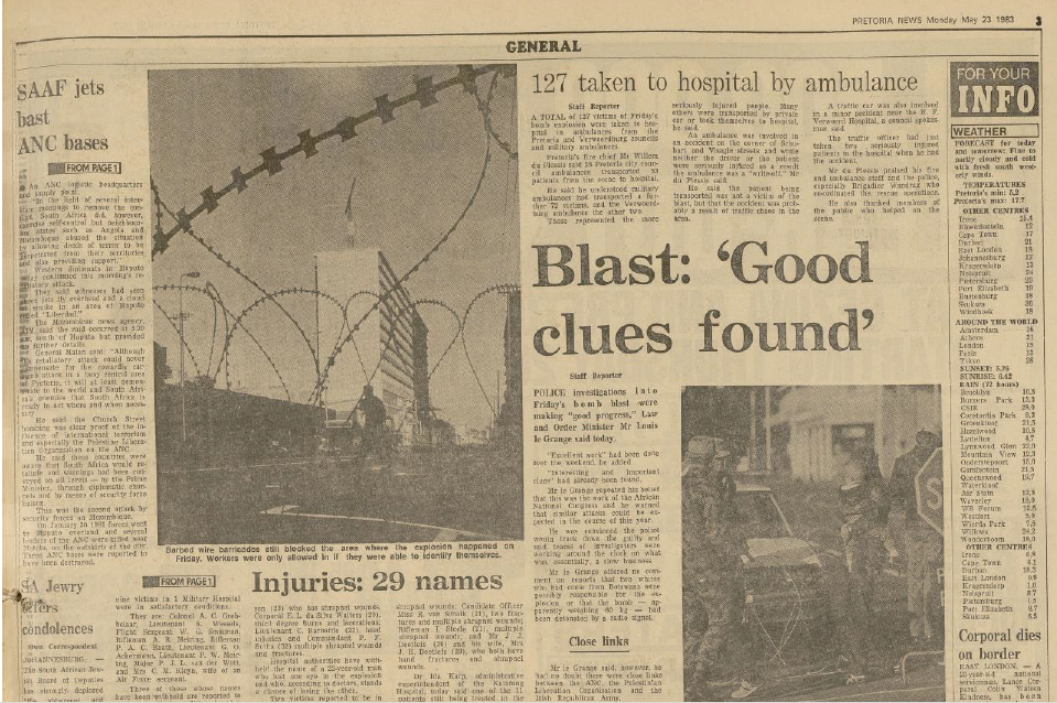 SA Air Force operation, Blast: Good clues found, Pretoria News, 23 May 1983