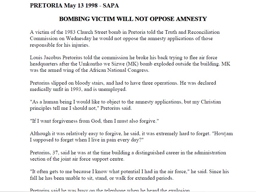 SA Air Force operation, Bombing victim will not oppose amnesty, SAPA, 13 May 1998