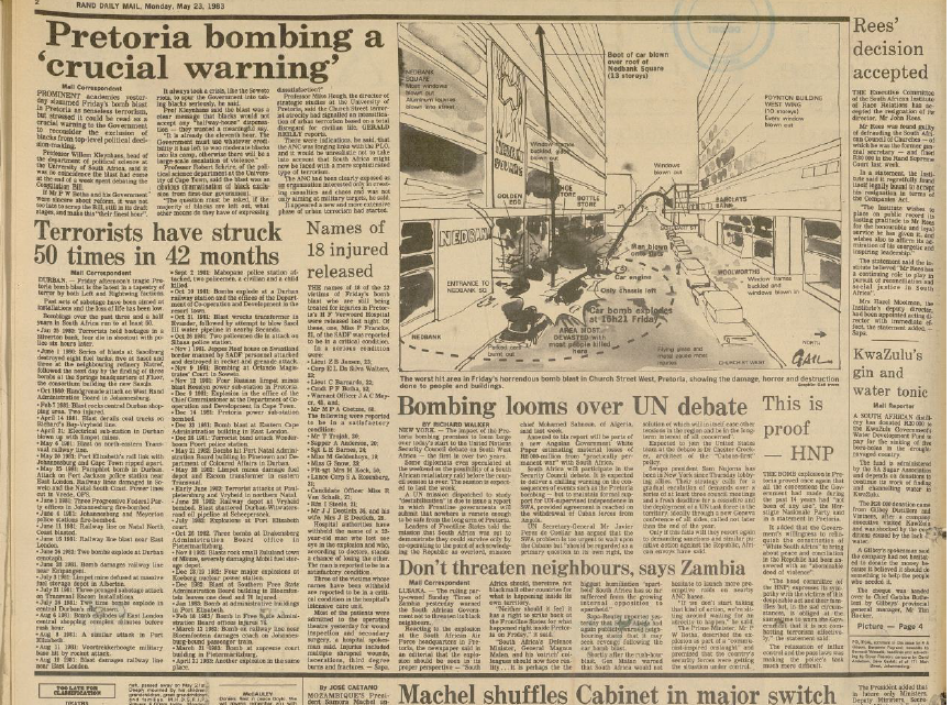 SA Air Force operation, Pretoria bombing a 'crucial warning', Rand Daily Mail, 23 May 1983