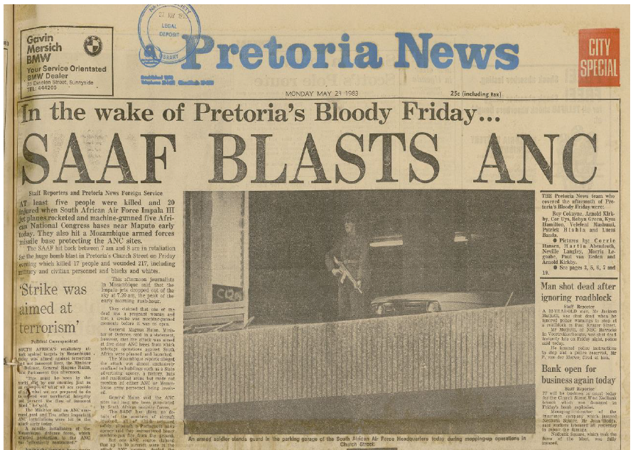 SA Air Force operation, SAAF blasts ANC, Pretoria News, 23 May 1983