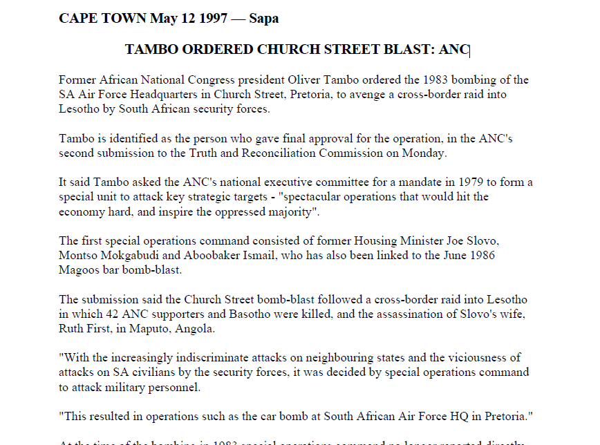 SA Air Force operation, Tambo ordered Church Street blast: ANC, Cape Times 12 May 1997