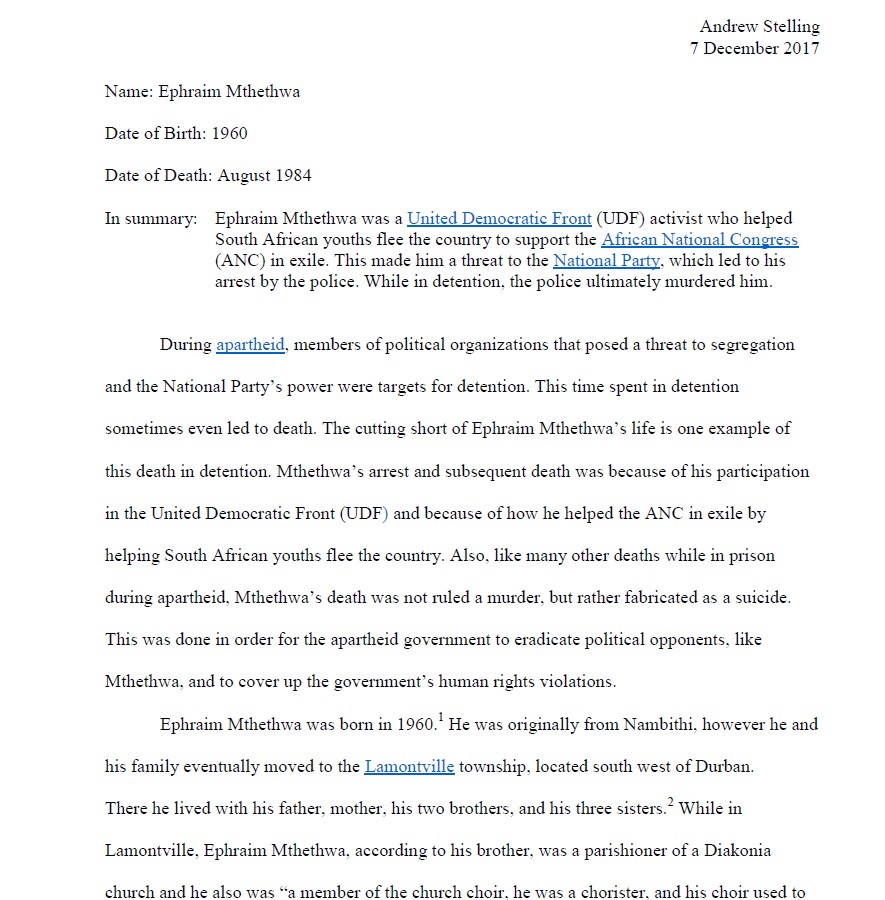 Biography of Ephraim Mthethwa by Andrew Stellin