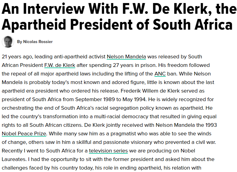 An Interview With F.W. De Klerk, the Last Apartheid President of South