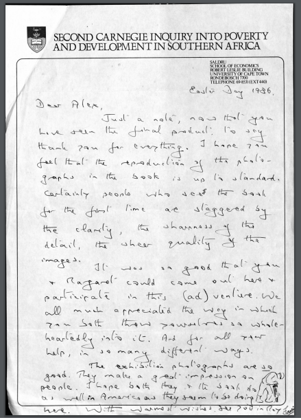 Letter from Francis Wilson to Alex Harris, 1986