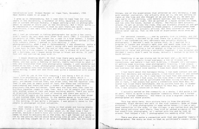 Conversation with Gideon Mendel, Cape Town, November 1985