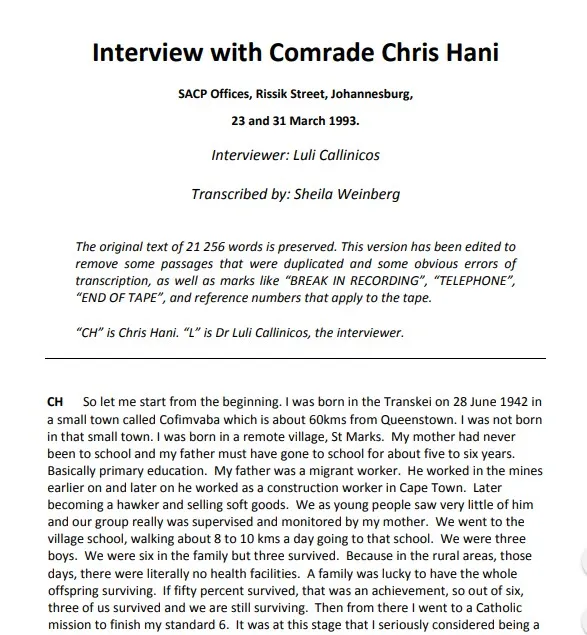 Chris Hani interviewed by Luli Callinicos (Johannesburg), 23 and 31 March 1993