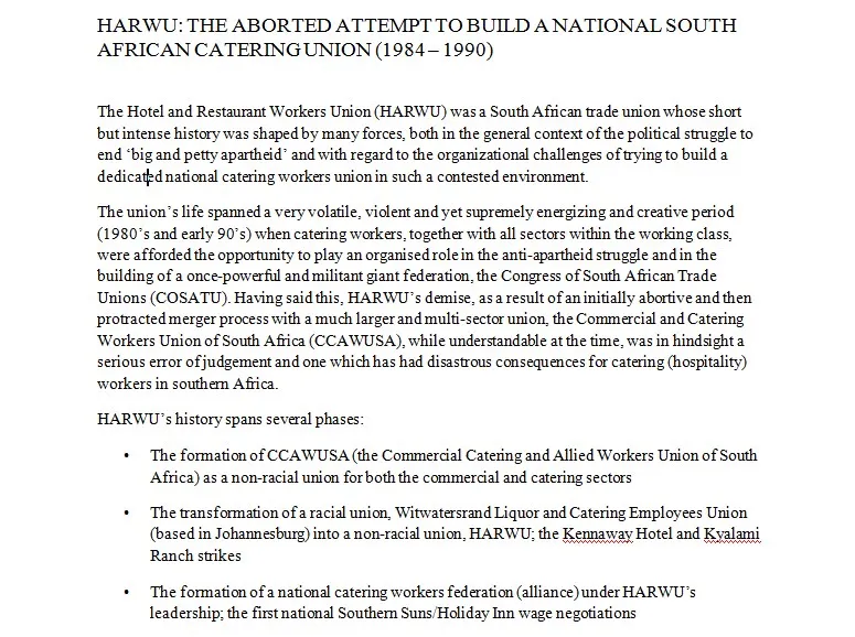 HARWU: The Aborted Attempt to Build a National South African Catering Union (1984 – 1990) by Allan Horwitz, June 2018