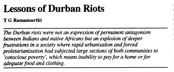 Lessons of Durban Riots by T. G. Ramamurthi
