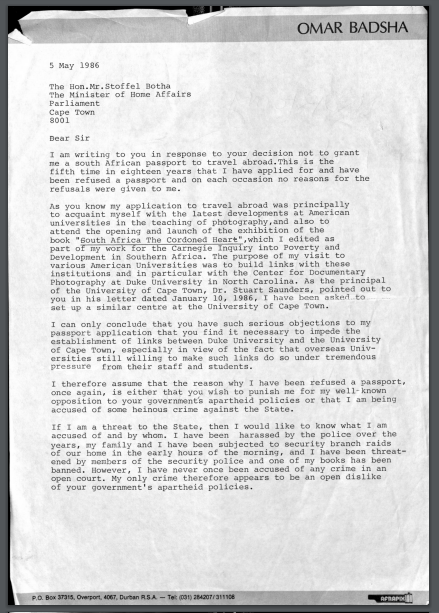 Omar Badsha Letter to Minister Botha, 5 May 1986
